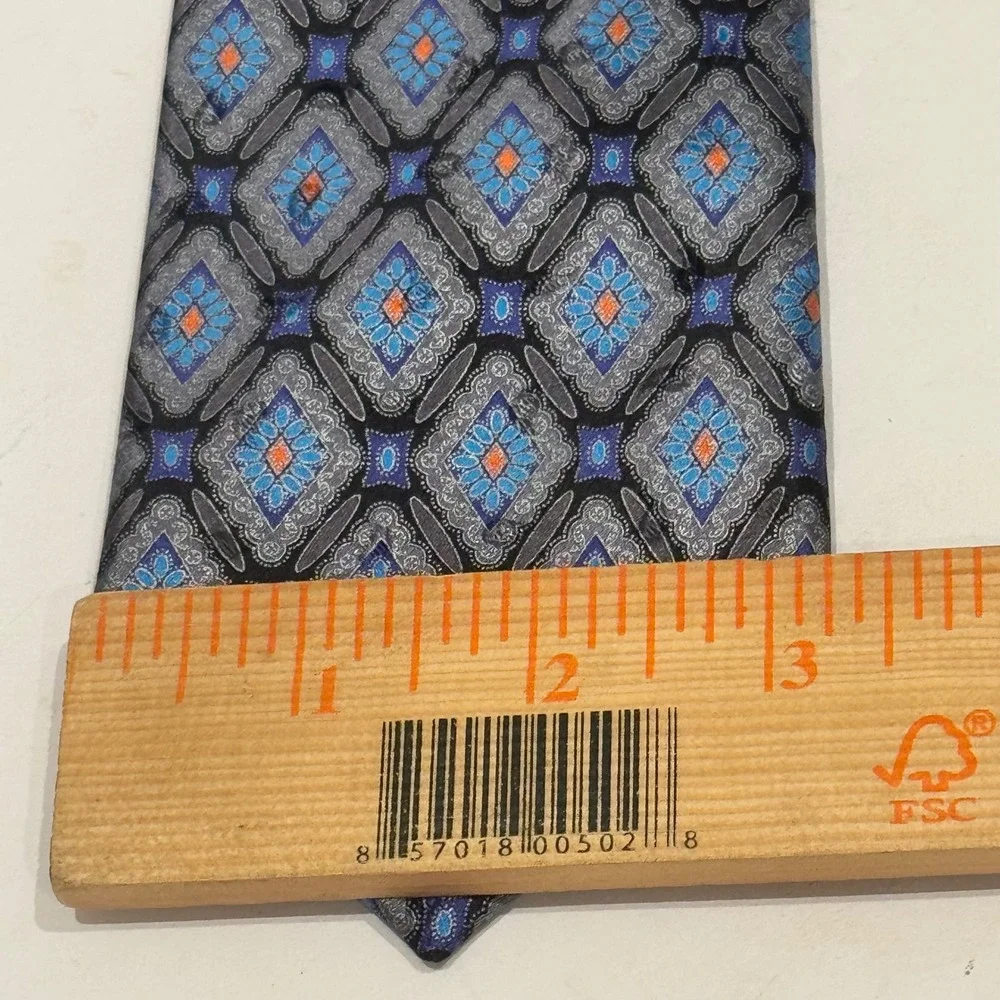 Joseph Bach Necktie Mens Blue Grey Orange Silk Diamond Geometric Medallion